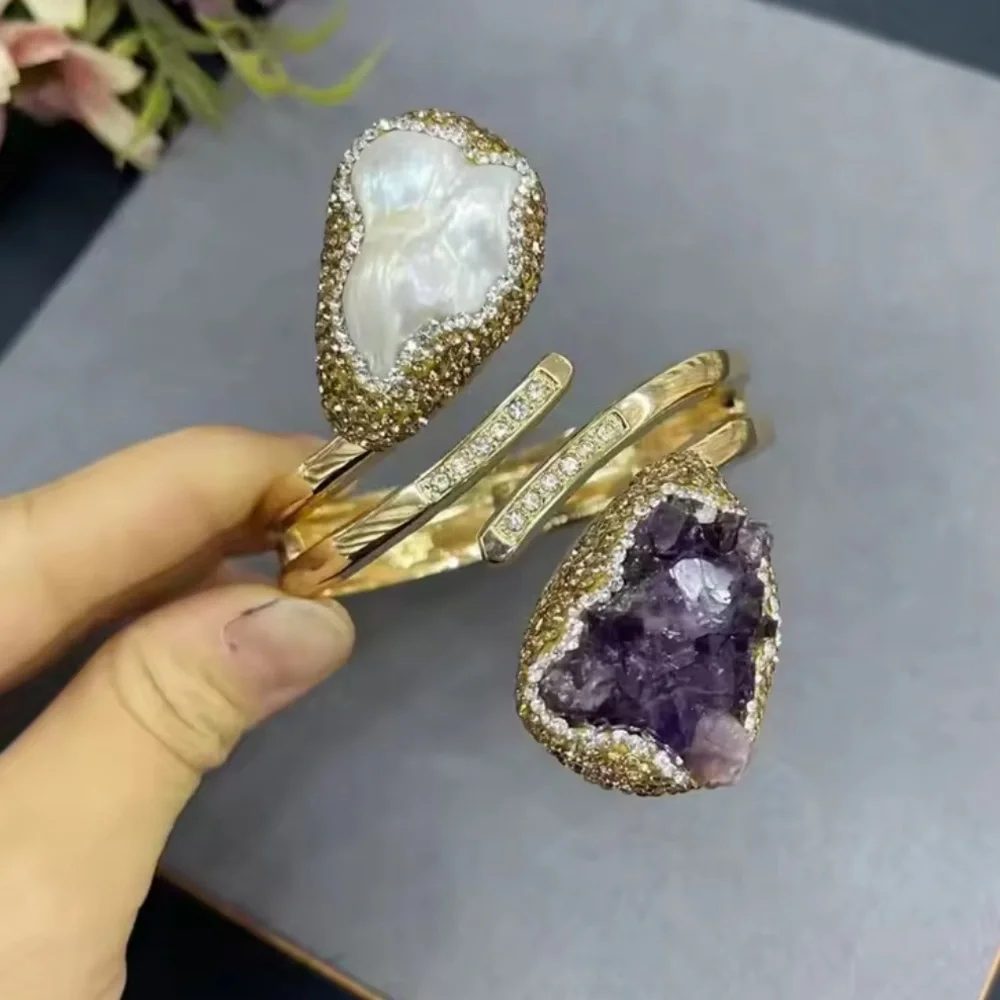 Natural Stone Amethyst & Baroque Pearl Gold Cuff Bracelet - Picture 8 of 17